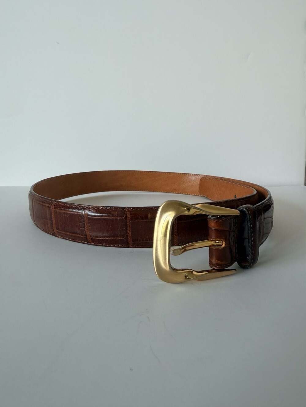 Vintage Brighton Brown Embossed Calfskin Saddle Leather Belt 1991 — Size 30-31